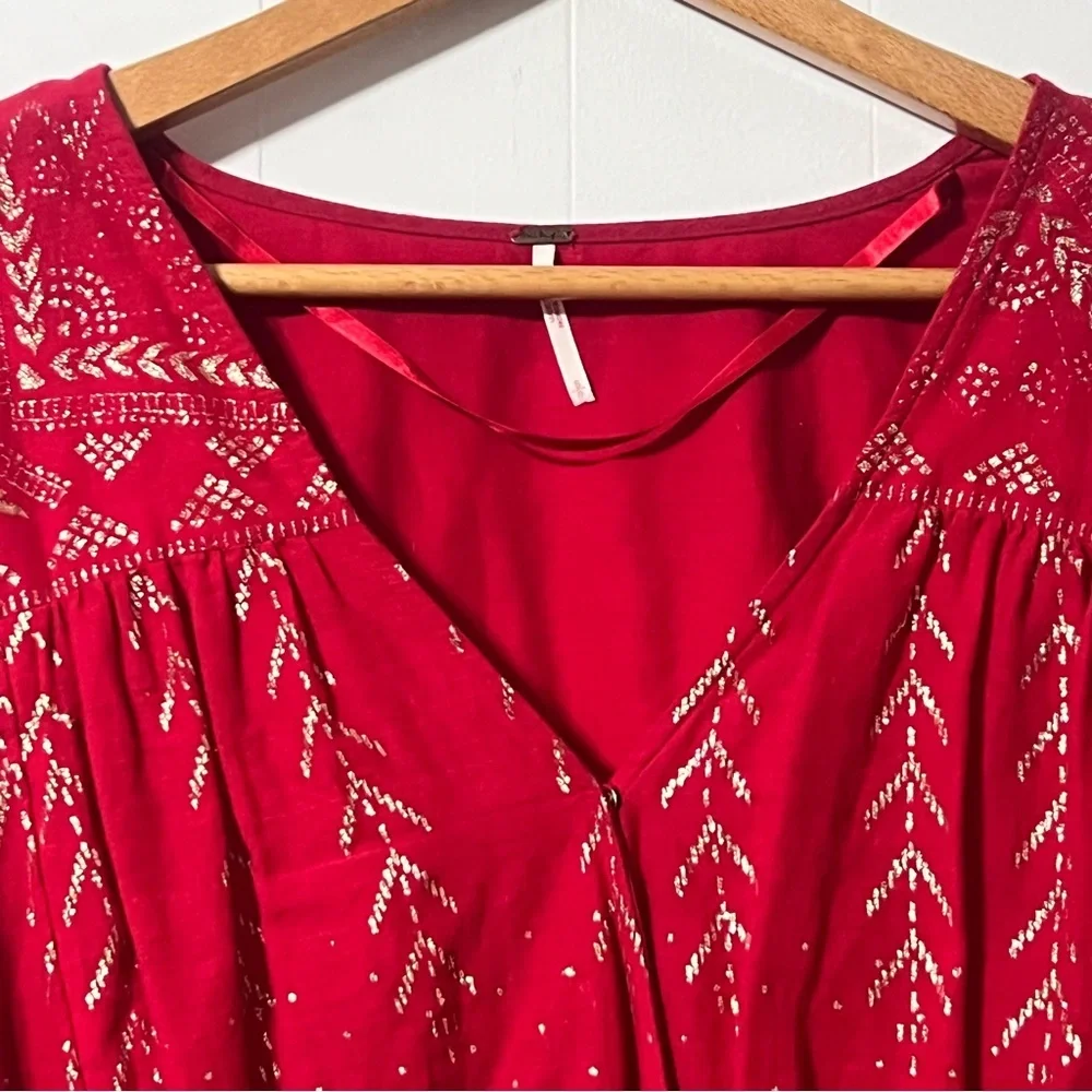 Free People Counting Stars Puff Sleeves Ruffle Hem Boho Peasant Top Size S